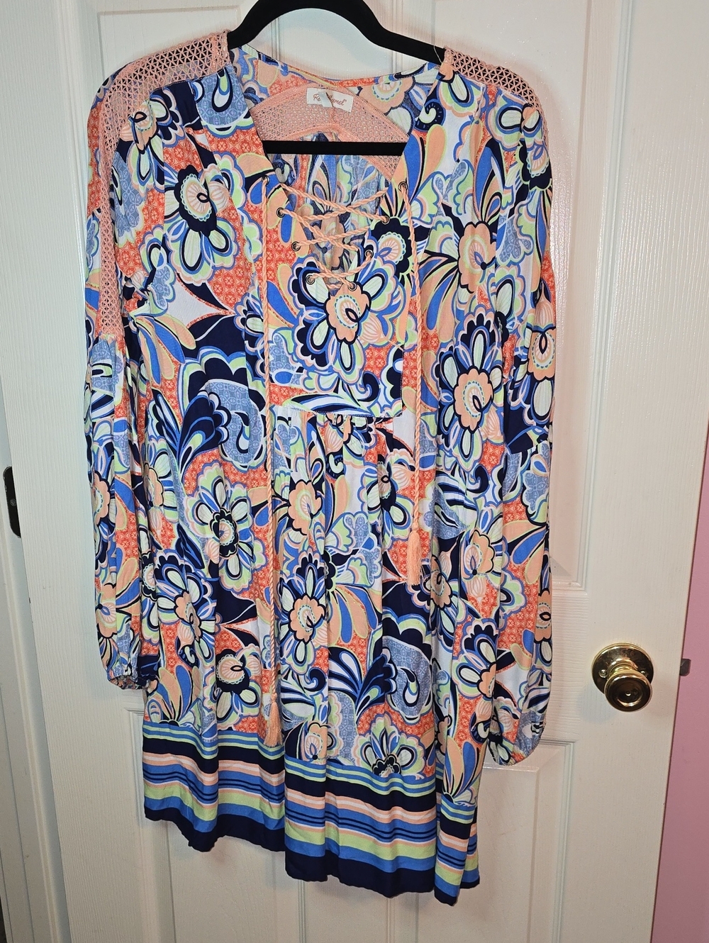 Red Camel Navy, Peach & Light Blue Lace-Up Floral Long Sleeve Dress